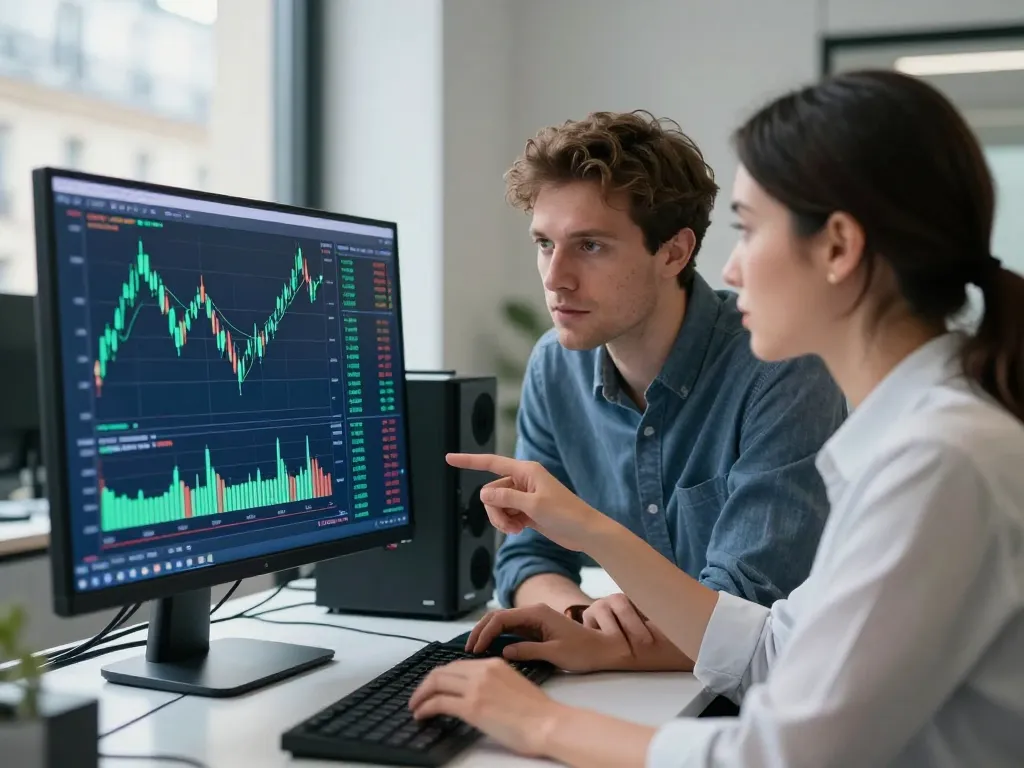 Analyse des tendances du marché bitcoin par des experts financiers devant des écrans de trading.