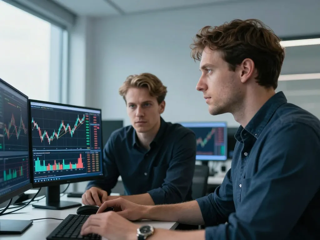 Deux experts en finance analysant l'historique des cycles de prix du Bitcoin sur des écrans haute technologie.