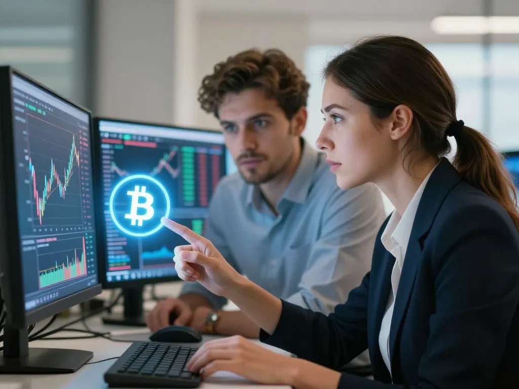 Deux experts en finance analysant le graphique du cours du bitcoin dollar sur des écrans haute technologie.