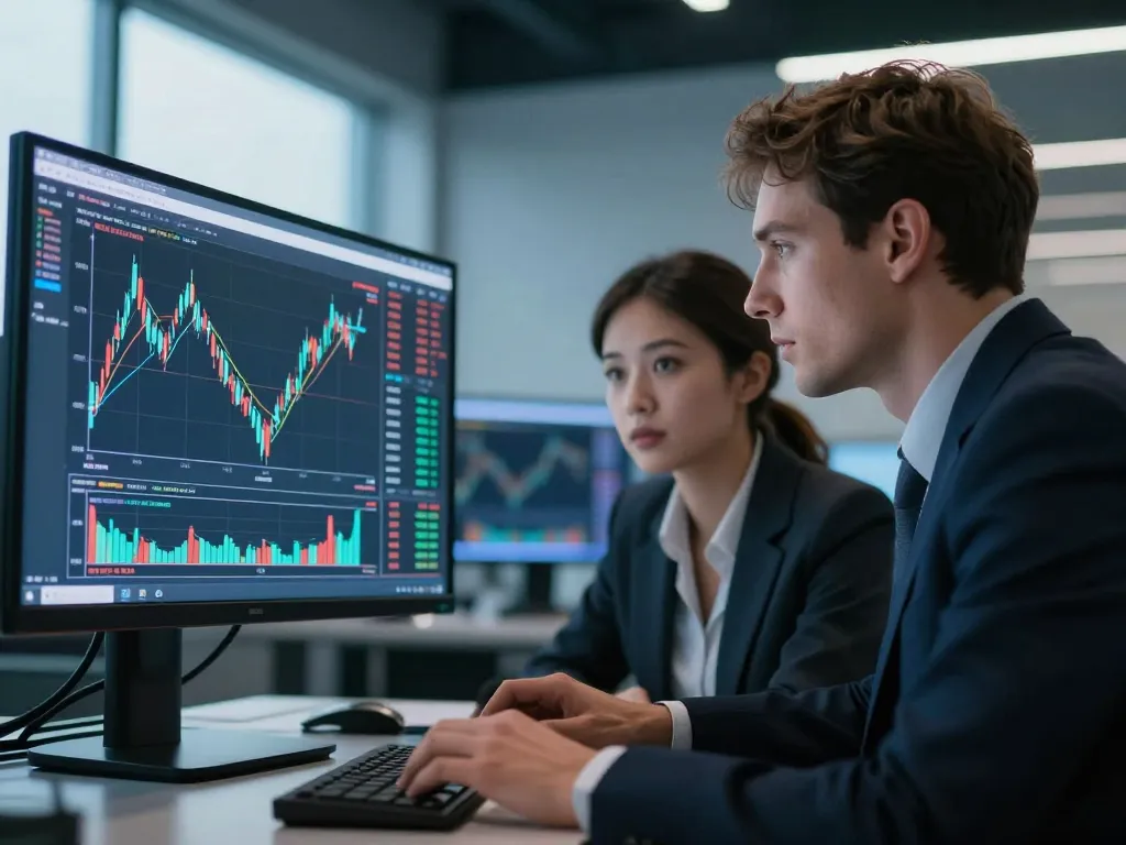 Deux analystes professionnels observant l'évolution des graphiques du Bitcoin sur plusieurs écrans.