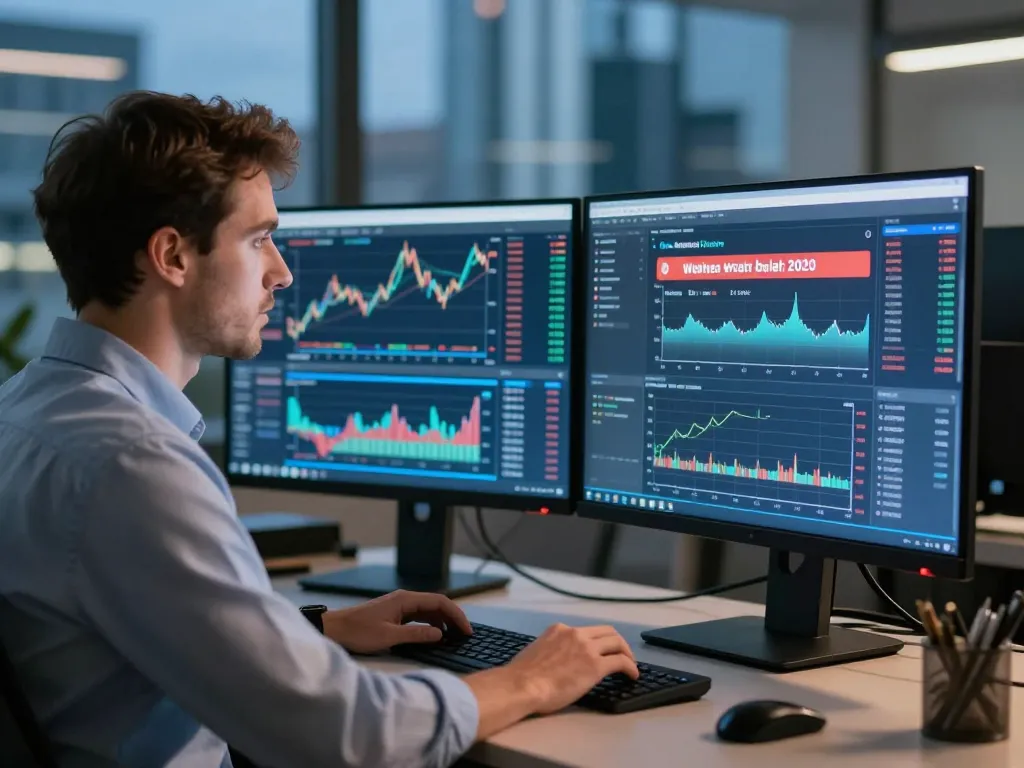 Analyste financier scrutant des graphiques de marchés mondiaux et des mouvements de portefeuilles crypto importants sur des écrans numériques.