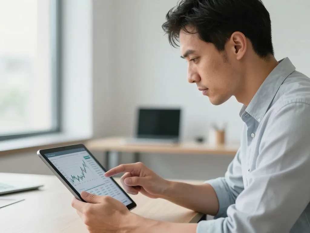 Un investisseur sérieux analyse des graphiques de cryptomonnaies sur une tablette numérique dans un bureau lumineux et épuré.