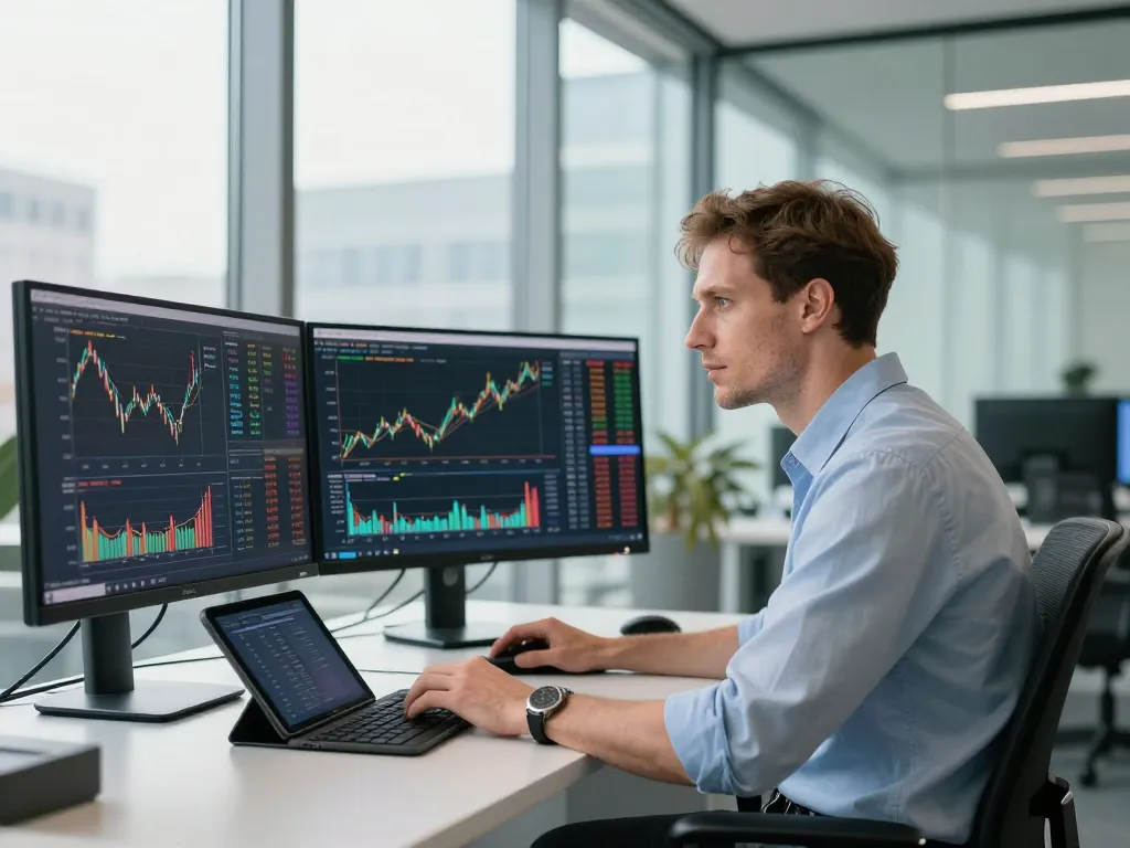 Analyste financier en costume examinant des graphiques boursiers de cryptomonnaies et d'ETF sur plusieurs écrans haute technologie dans un bureau lumineux.