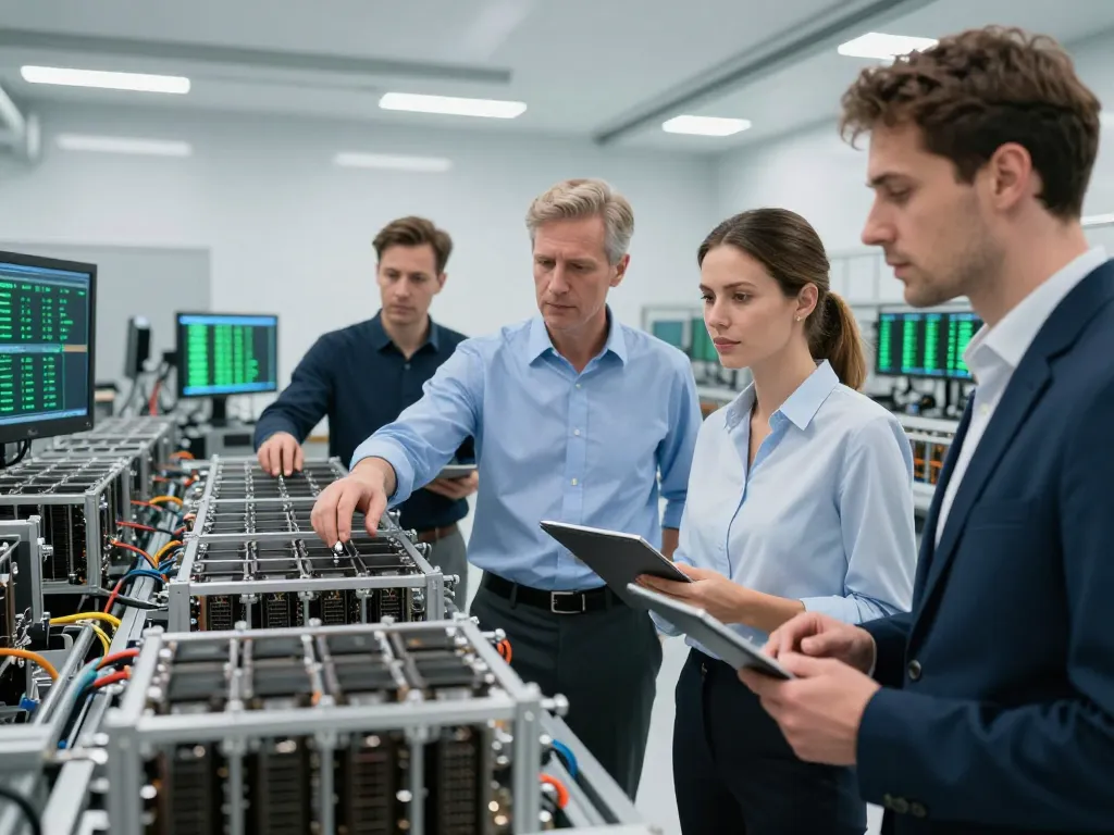 Professionnels analysant des serveurs de minage de Bitcoin haute technologie dans un centre de données futuriste pour le futur standard monétaire.