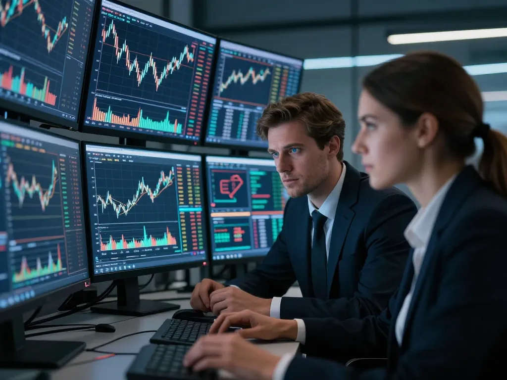 Analystes financiers professionnels analysant des graphiques de données complexes et des tendances de marché sur des écrans haute technologie.