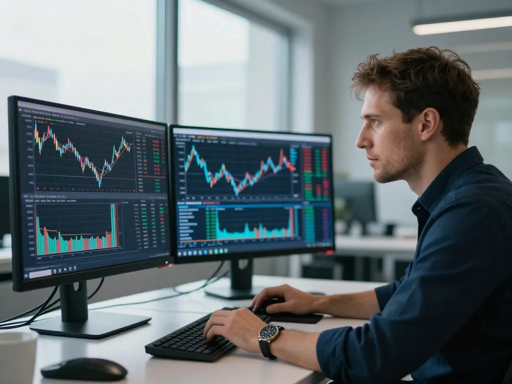 Un analyste financier expert examine les graphiques de prix du Bitcoin sur plusieurs écrans dans un bureau de trading moderne.