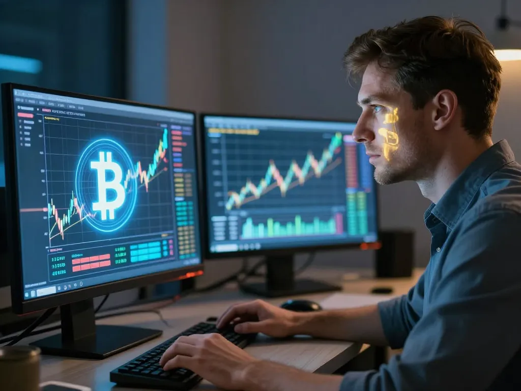Un expert en finance observe une analyse graphique du Bitcoin en hologramme dans un studio moderne.