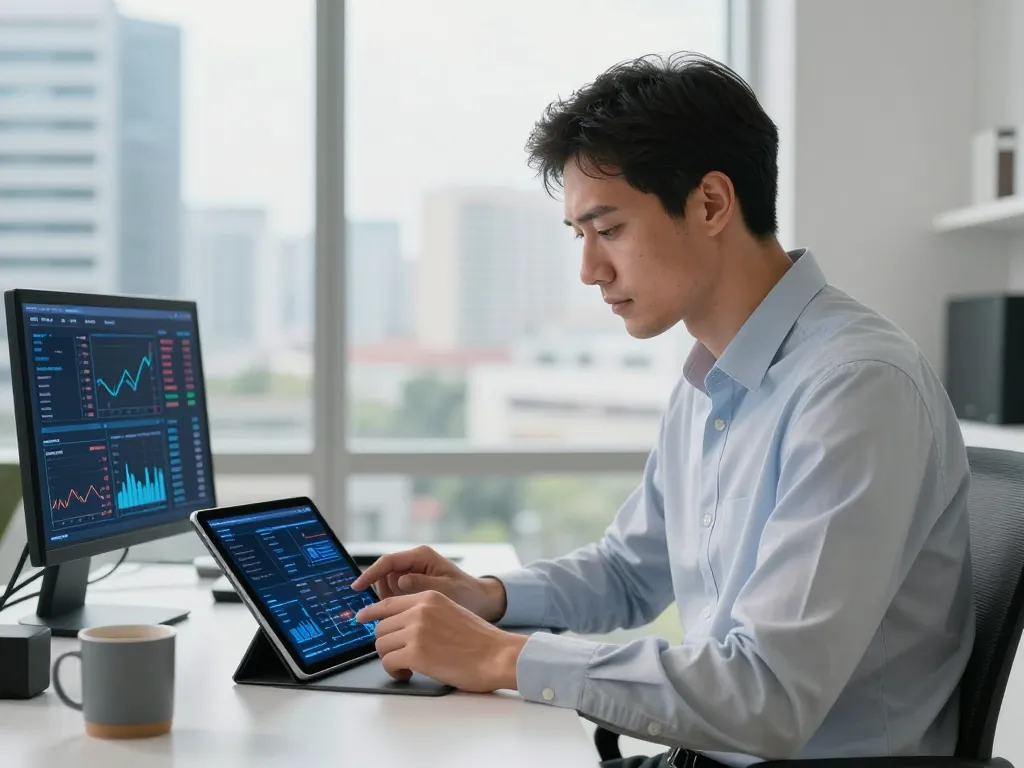 Homme consultant un tableau de bord de gestion fiscale pour cryptomonnaies sur une tablette dans un bureau moderne.