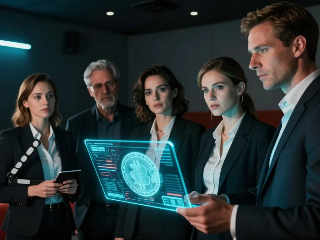 Groupe de professionnels du cinéma analysant une projection numérique de cryptomonnaie dans une salle obscure aux lumières néon.