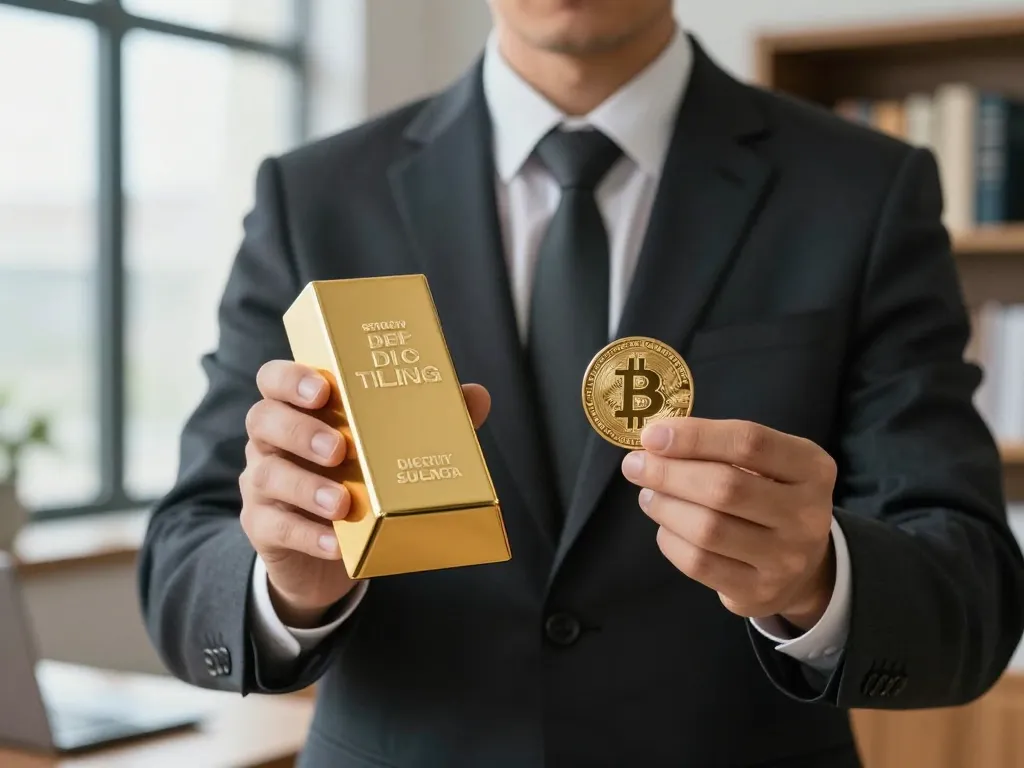 Un homme d'affaires tenant une pièce de Bitcoin et un lingot d'or pour illustrer la comparaison de valeur économique.