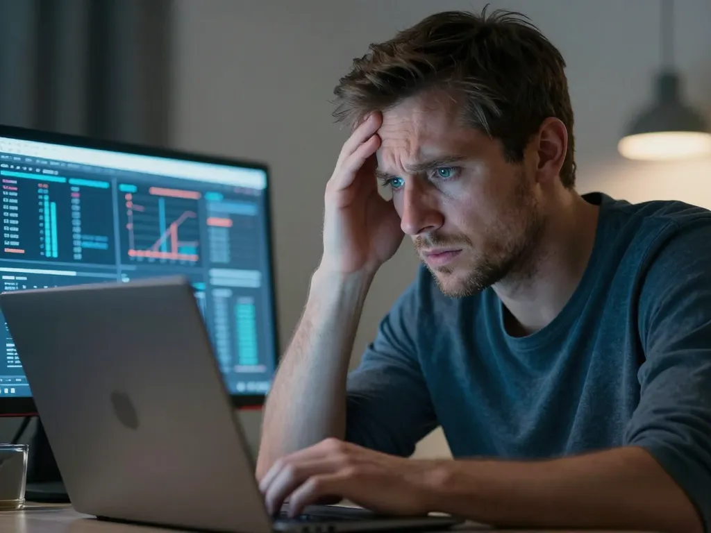 Homme inquiet devant son écran d'ordinateur découvrant une tentative de fraude aux cryptomonnaies.