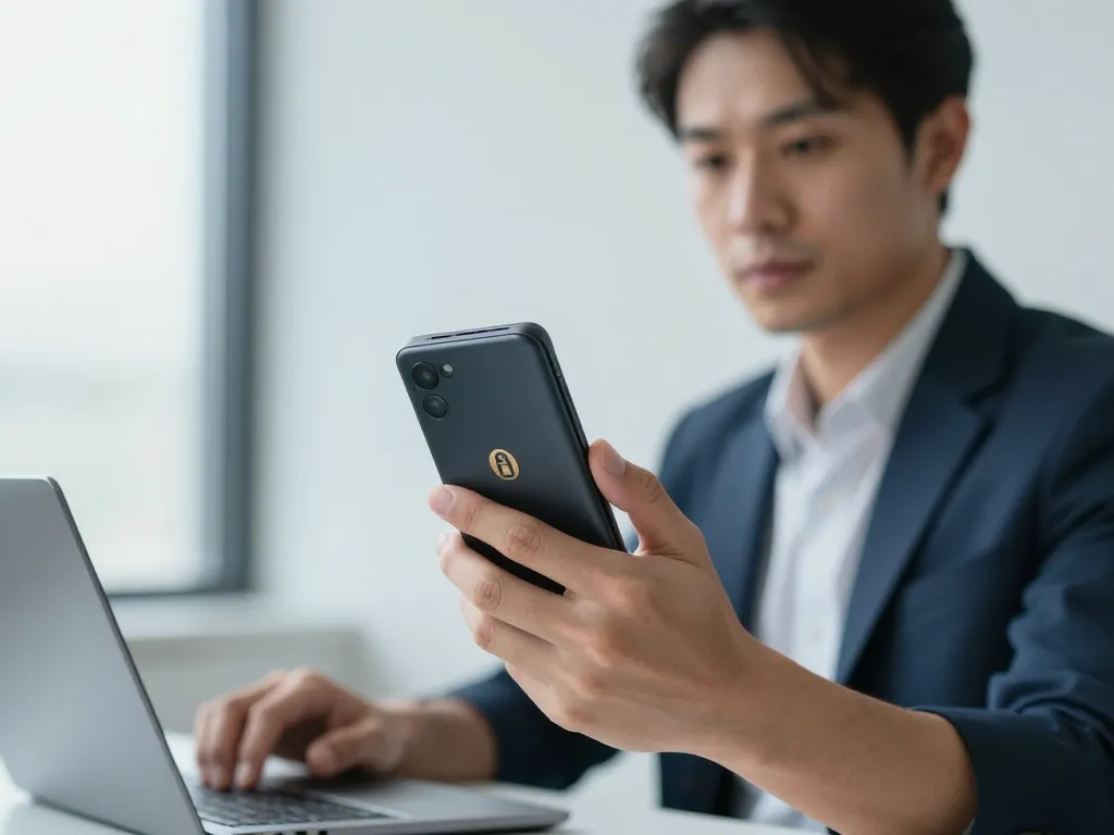 Un utilisateur tenant avec assurance un dispositif de stockage à froid pour protéger ses actifs numériques dans un environnement sécurisé.