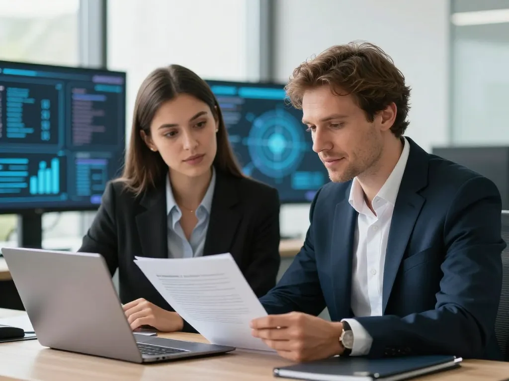 Un avocat spécialisé et une experte en cybersécurité collaborant avec assurance dans un bureau lumineux pour protéger les investisseurs.