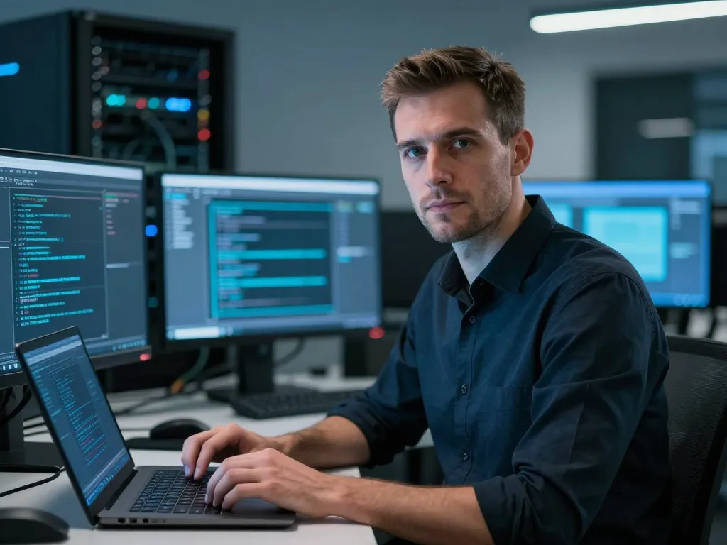 Portrait professionnel d'un expert en cybersécurité analysant des données sur un ordinateur dans un bureau moderne.