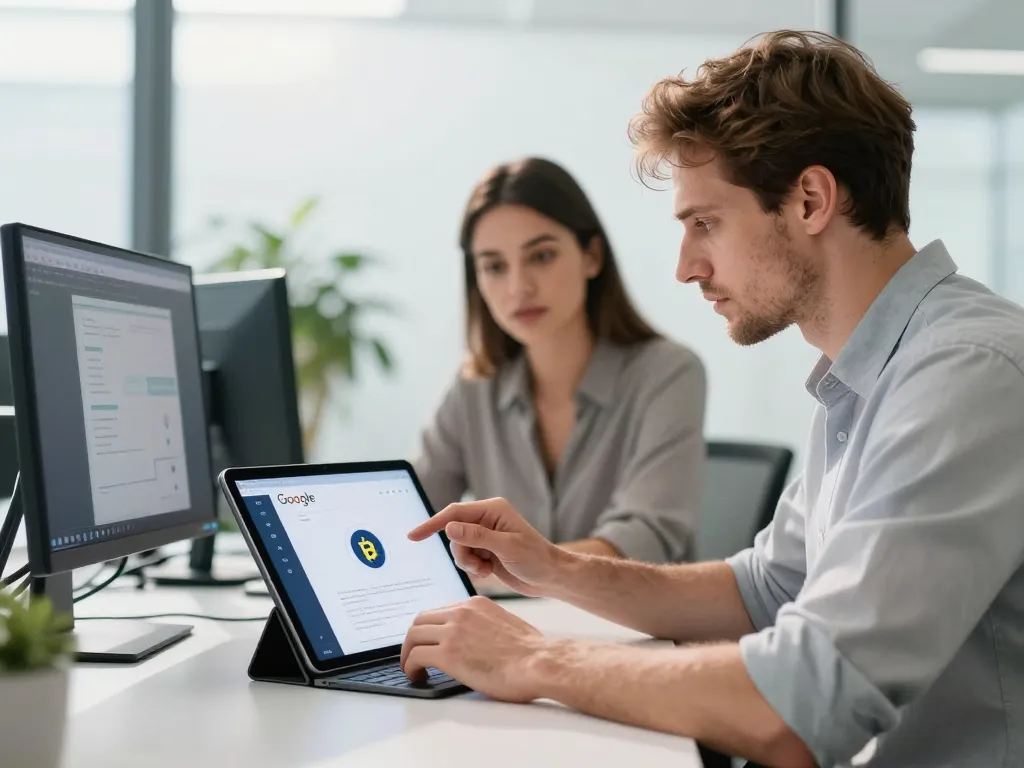 Deux spécialistes du web analysant des données de sécurité et de réputation numérique sur des écrans haute technologie dans un bureau épuré.