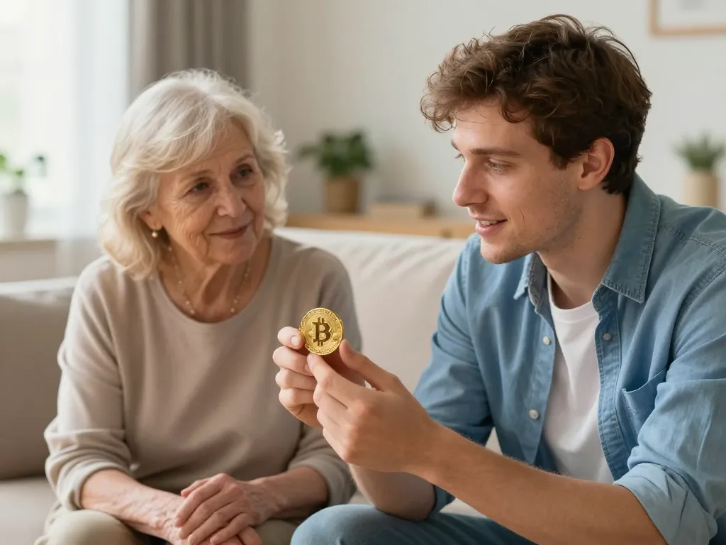 Un jeune homme explique le fonctionnement du bitcoin à une femme âgée en lui montrant une pièce dorée symbolique dans un salon lumineux.