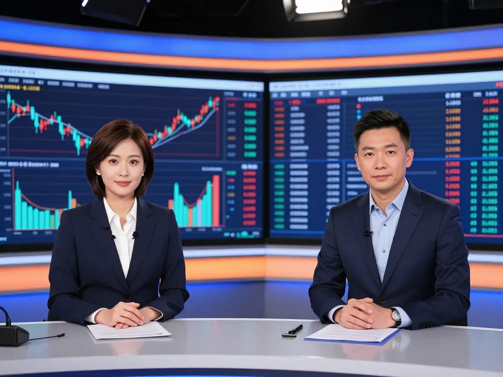 Présentateurs de journaux financiers analysant les graphiques du marché du Bitcoin sur des écrans géants en direct.