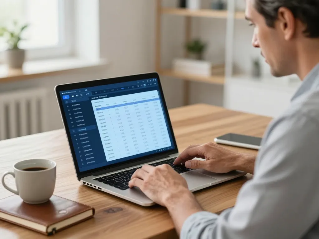 Un homme d'affaires analyse sereinement son interface de gestion fiscale pour cryptomonnaies sur un ordinateur portable dans un bureau lumineux.