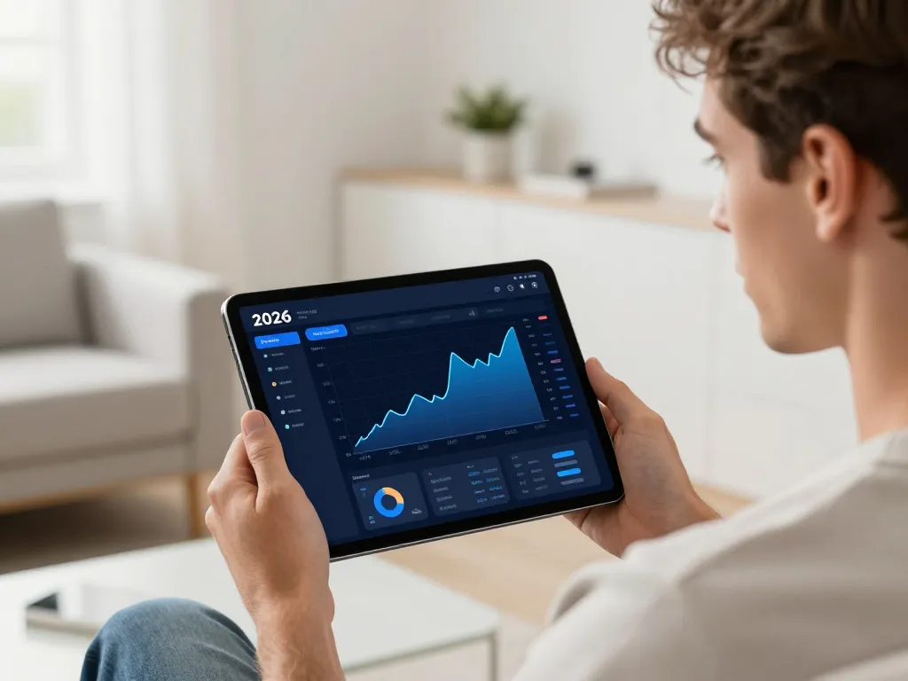 Un investisseur serein utilisant une interface de trading Bitcoin moderne et sécurisée sur sa tablette digitale.