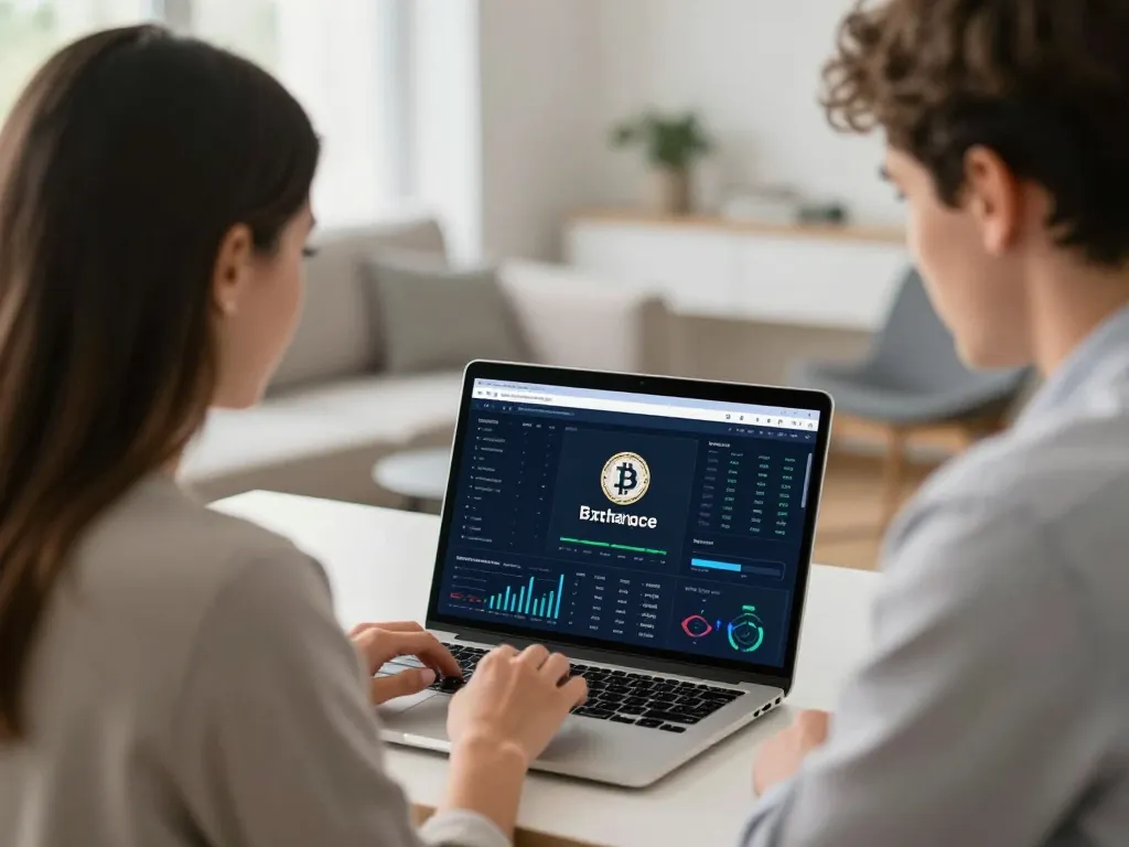Un jeune couple analyse avec assurance l'interface d'une plateforme d'échange de bitcoin sur un ordinateur portable dans un bureau lumineux.
