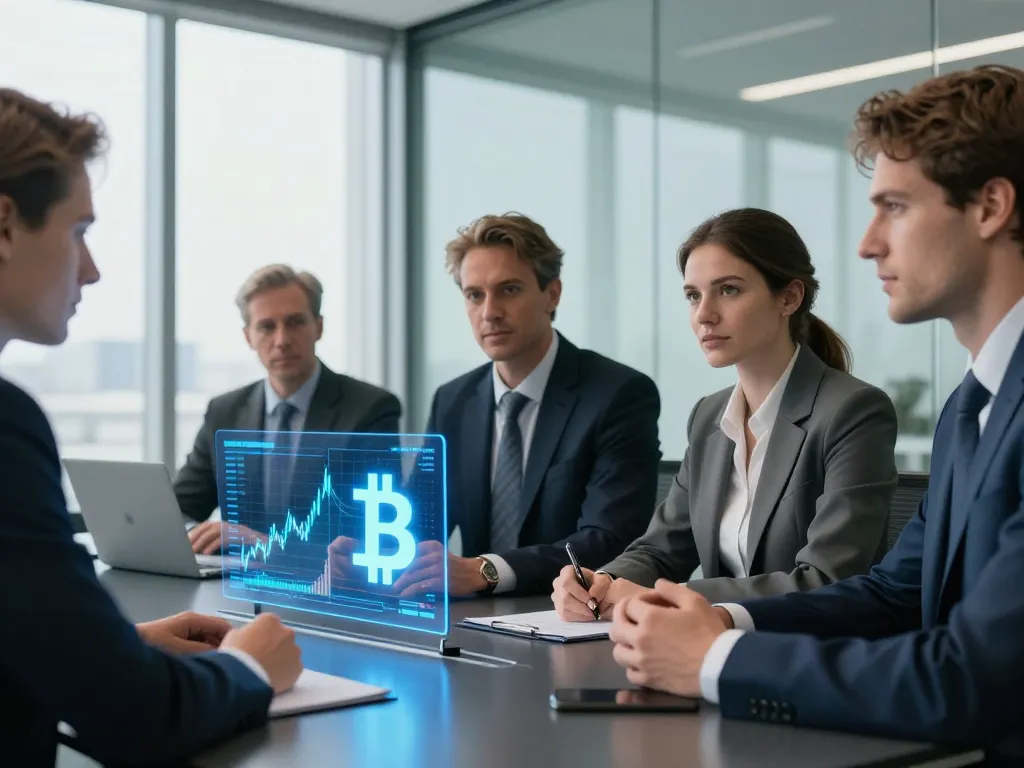 Investisseurs financiers analysant des graphiques de flux institutionnels et la rareté du Bitcoin dans une salle de conférence moderne.
