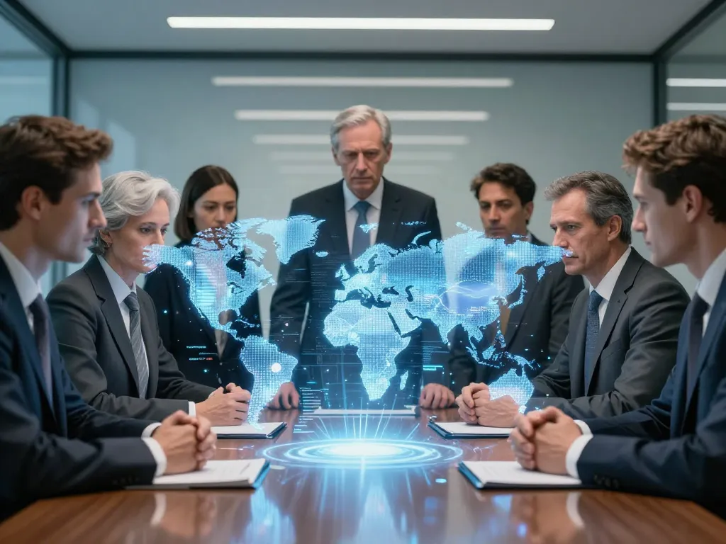 Diplomates et experts financiers analysant l'impact du Bitcoin sur l'économie mondiale devant un globe holographique.
