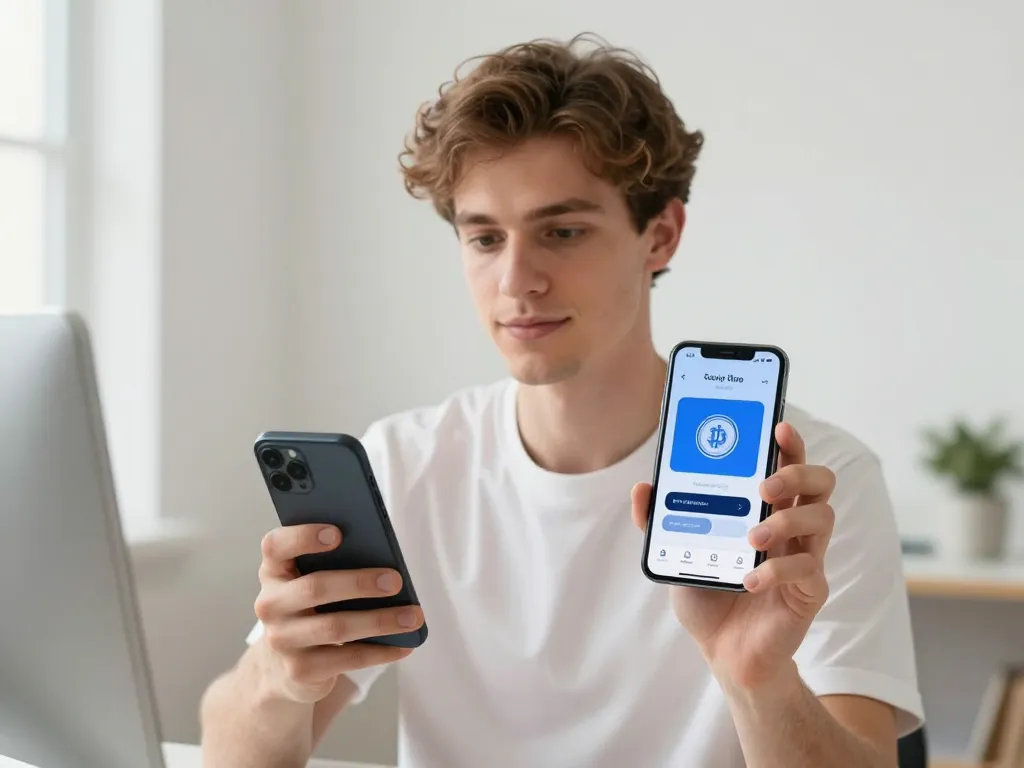 Un homme utilise une application de portefeuille sécurisé sur son smartphone dans un bureau moderne et lumineux.