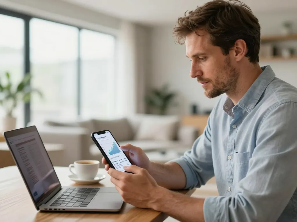 Un investisseur serein consulte l'évolution de son placement en monnaie numérique sur son smartphone dans un cadre professionnel et sécurisant.