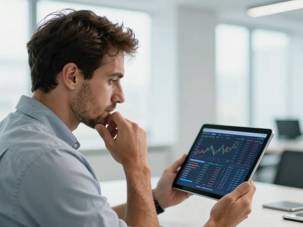 Un investisseur professionnel analysant des graphiques financiers sur une tablette avec attention dans un bureau moderne.