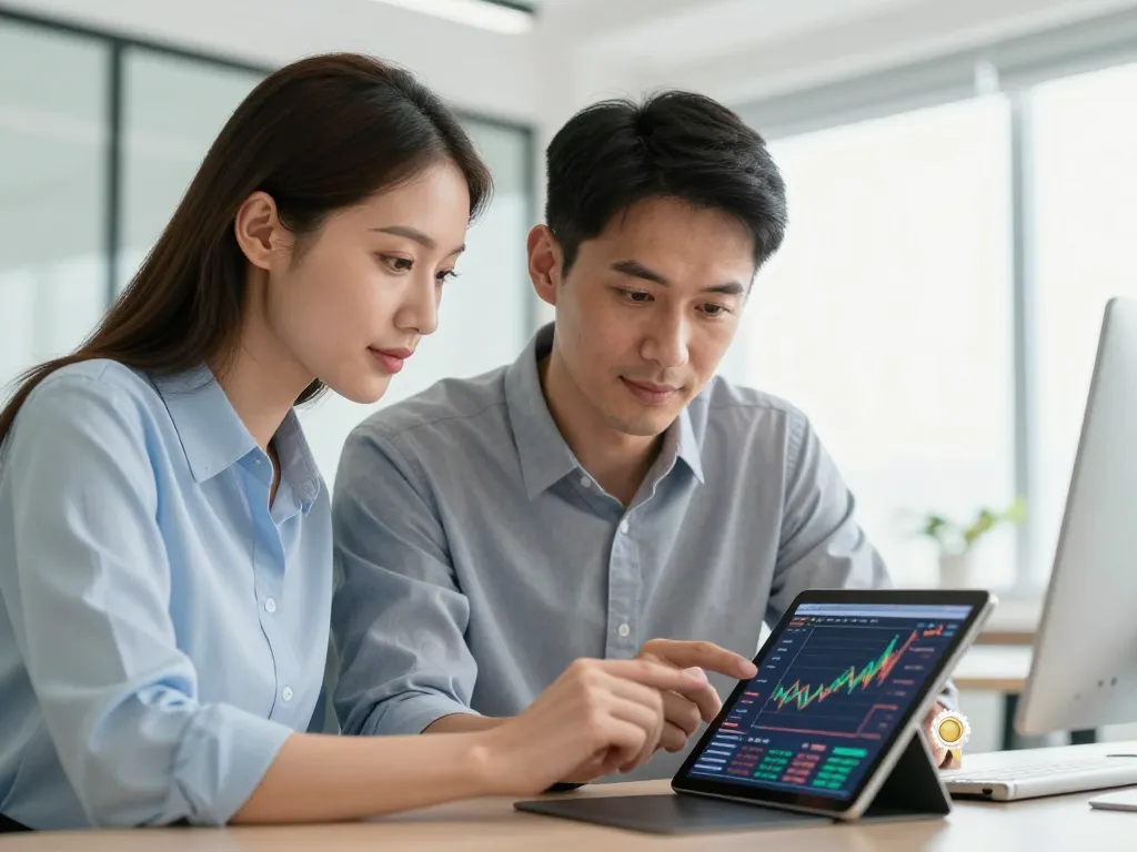 Un couple d'investisseurs analysant avec réflexion des données boursières sur une tablette dans un bureau moderne et lumineux.