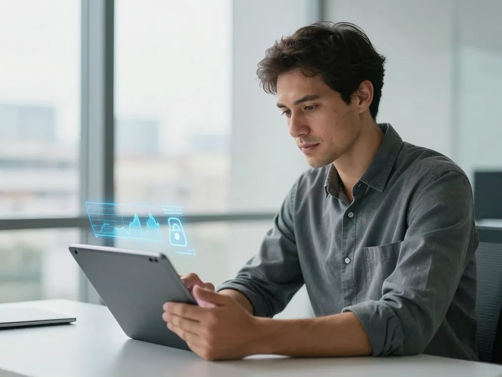 Un investisseur réfléchi analysant des graphiques financiers sur une tablette dans un bureau moderne avec un badge de sécurité.