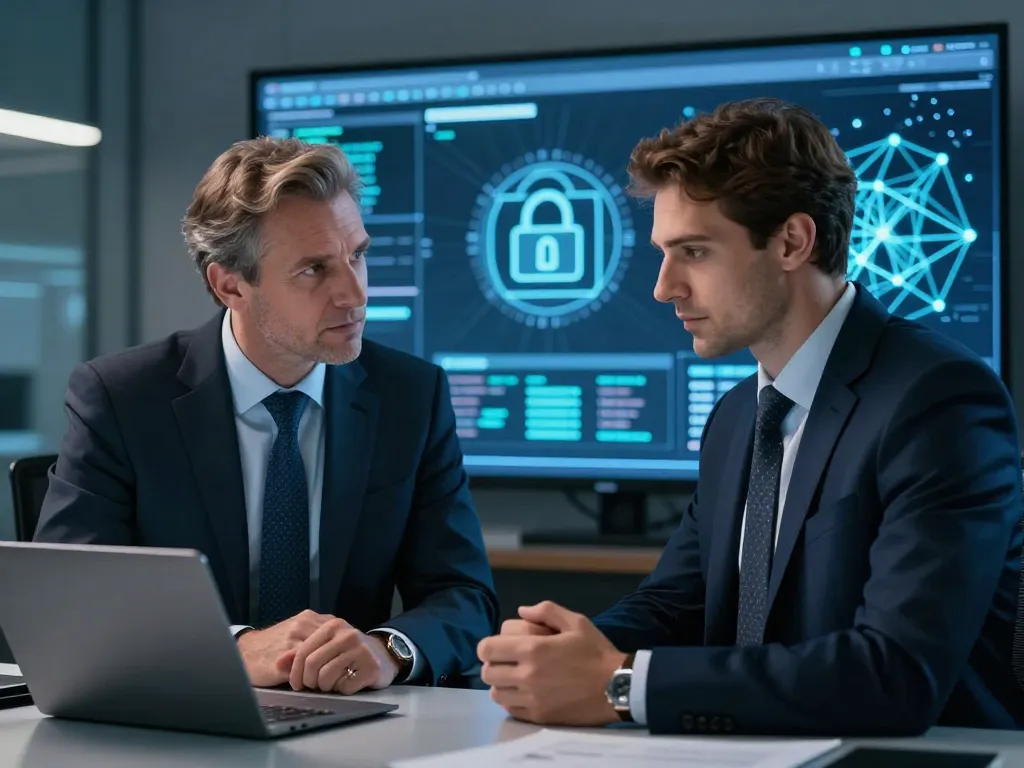 Portrait professionnel d'un expert juridique et d'un analyste technique travaillant ensemble sur la sécurité des transactions blockchain dans un bureau moderne.