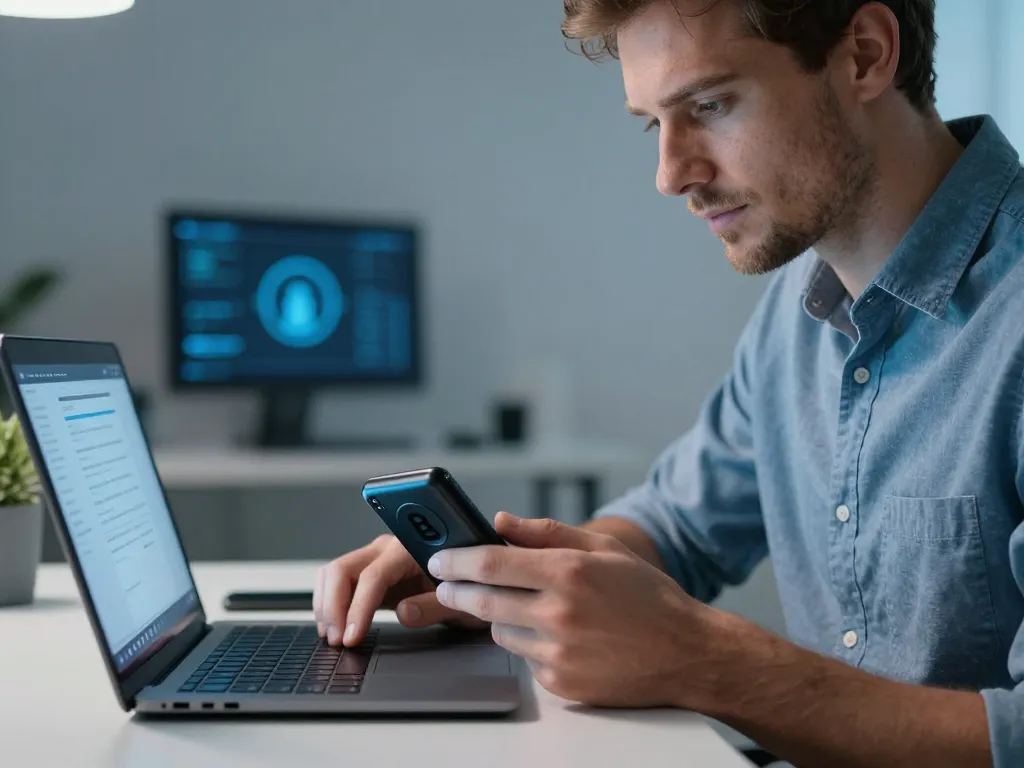 Un professionnel utilisant un portefeuille matériel de cryptomonnaie sécurisé devant son écran d'ordinateur pour protéger ses actifs numériques.