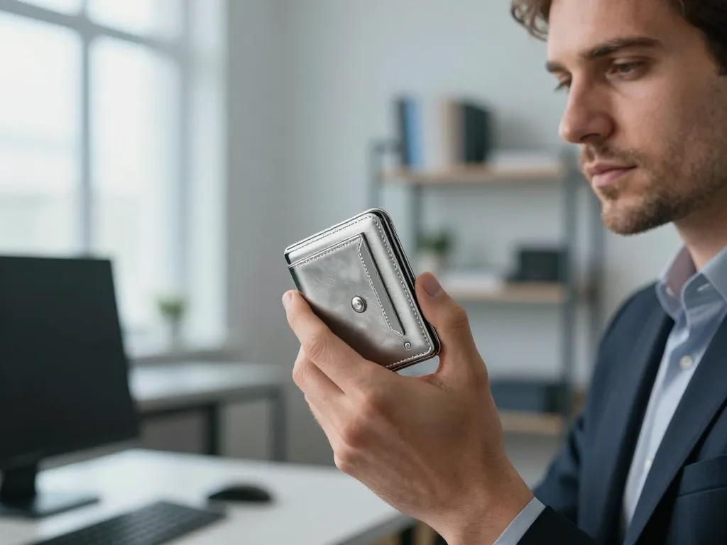 Un homme d'affaires utilisant un portefeuille matériel de haute sécurité pour protéger ses actifs en bitcoin dans un bureau moderne.