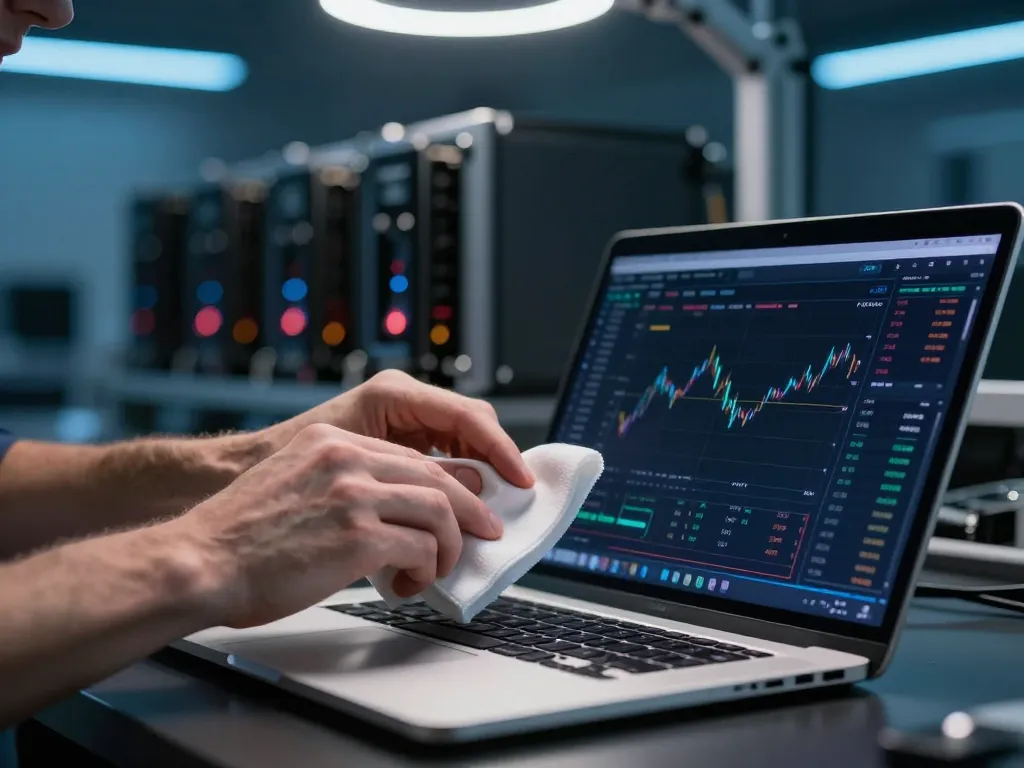 Un technicien expert nettoie avec précision un ordinateur portable haut de gamme dans un environnement technologique moderne dédié à la cryptomonnaie.