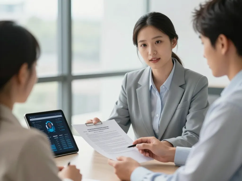 Un conseiller financier expert expliquant la réglementation MiCA et la sécurité des actifs numériques à un client dans un bureau moderne.