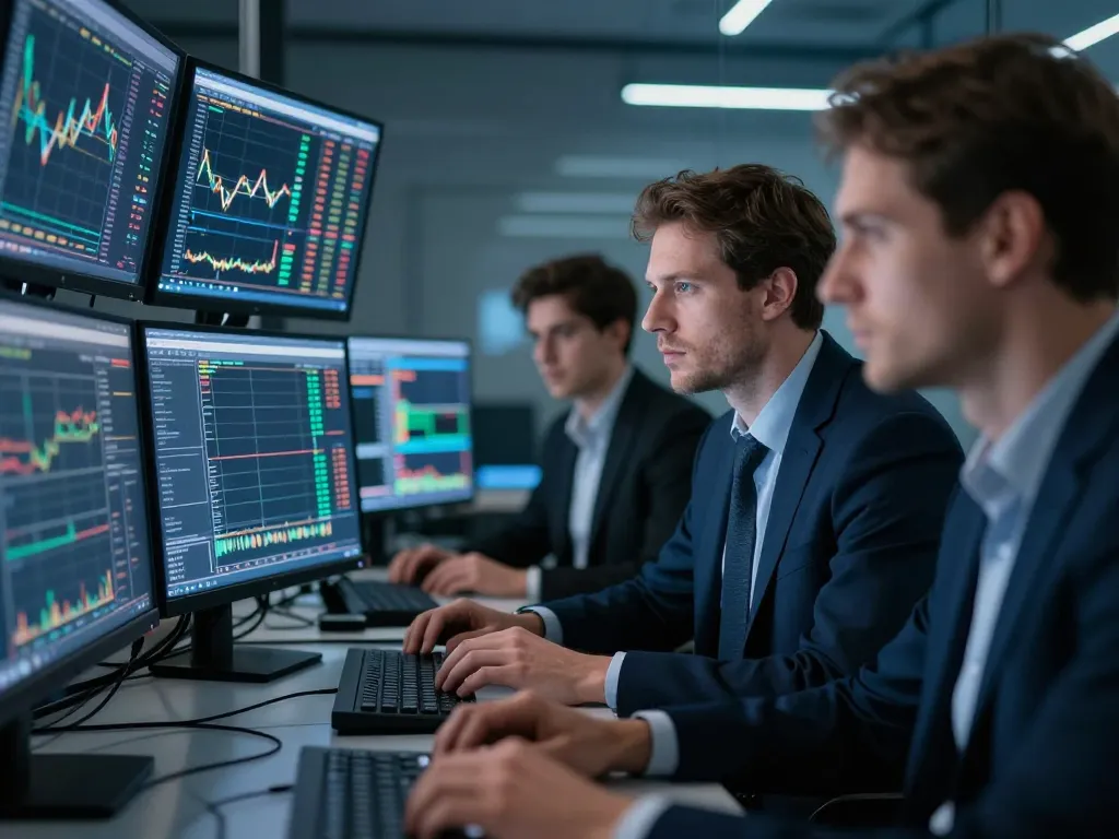 Groupe d'analystes financiers concentrés devant des graphiques de cours de cryptomonnaies sur des écrans dans un bureau moderne.