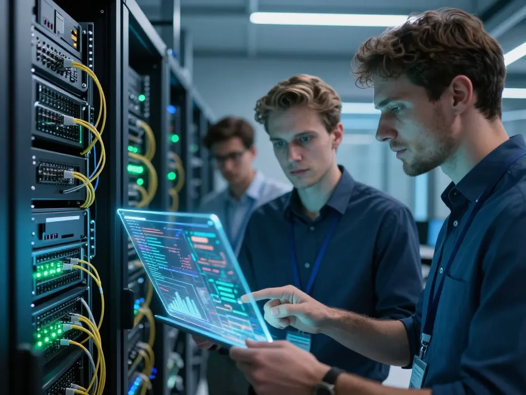 Des experts en informatique analysant des données de minage de Bitcoin dans une salle de serveurs sécurisée pour illustrer la résilience du réseau blockchain.