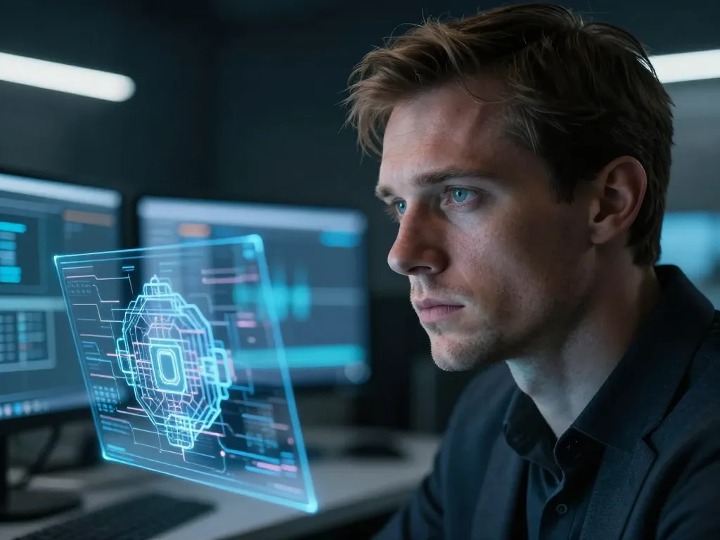 Un homme visionnaire devant un réseau numérique de blockchain symbolisant l'architecture du Bitcoin.