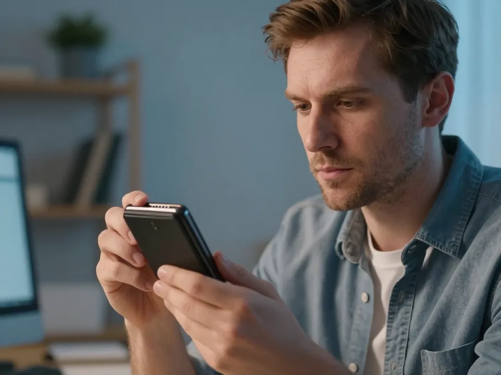 Un homme concentré utilise un dispositif de stockage sécurisé pour protéger ses actifs numériques dans un environnement calme.