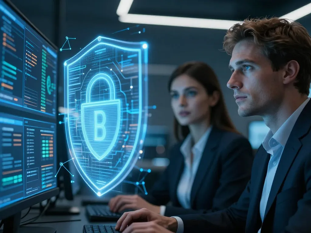 Un homme et une femme professionnels analysant une interface de sécurité blockchain holographique dans un centre de données ultra-moderne.