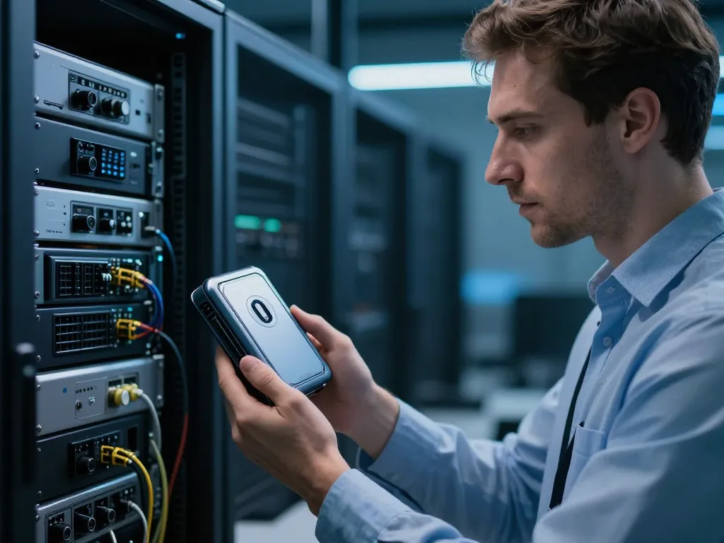 Expert en sécurité informatique manipulant un dispositif de stockage à froid pour sécuriser des actifs numériques sur une plateforme agréée.