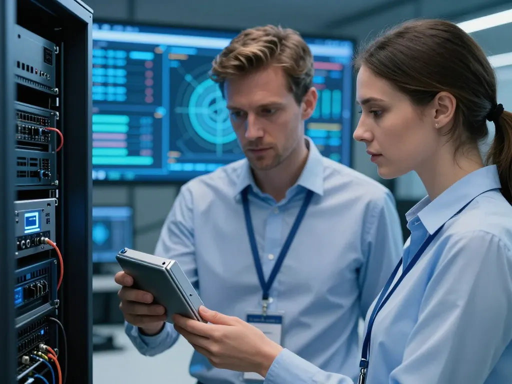 Experts en cybersécurité analysant une clé de stockage à froid dans un centre de données sécurisé aux normes de l'Union.