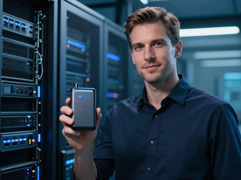 Professionnel de la cybersécurité manipulant un portefeuille matériel de stockage à froid dans une salle de serveurs sécurisée.