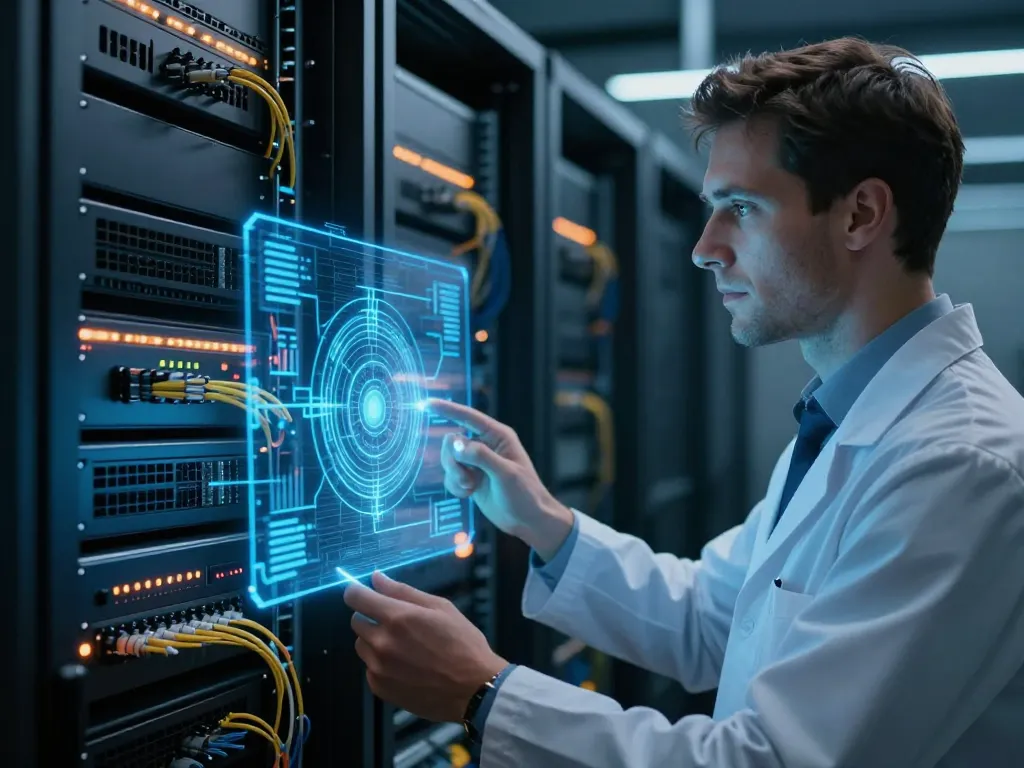 Un expert en informatique supervise des serveurs de minage haute performance et une structure de blockchain numérique dans un centre de données sécurisé.