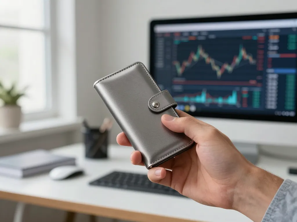 Un utilisateur sécurisant ses investissements en cryptomonnaie avec un portefeuille matériel dans un bureau moderne.