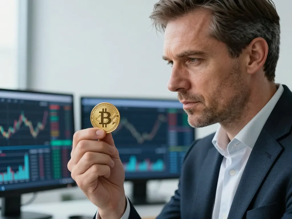 Un investisseur sérieux examine une pièce de Bitcoin dorée pour définir sa stratégie financière dans un bureau moderne.