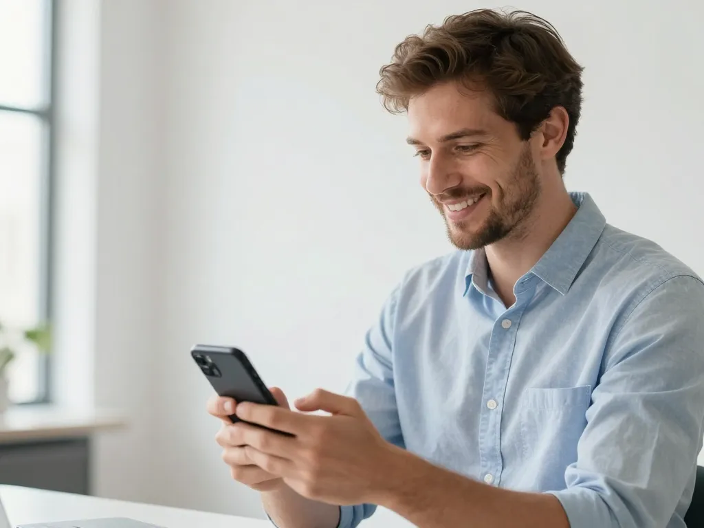 Un professionnel souriant utilisant son smartphone pour la synchronisation de ses contacts dans un bureau lumineux et moderne.