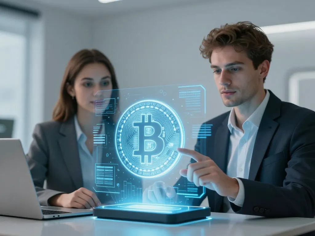 Un couple de jeunes adultes observant un symbole Bitcoin holographique et lumineux dans un intérieur moderne et technologique.