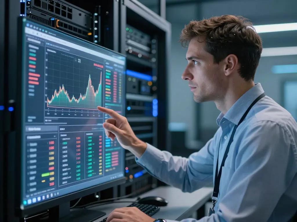 Expert financier analysant des graphiques de crypto-monnaies sur un écran transparent dans une salle de serveurs hautement sécurisée.